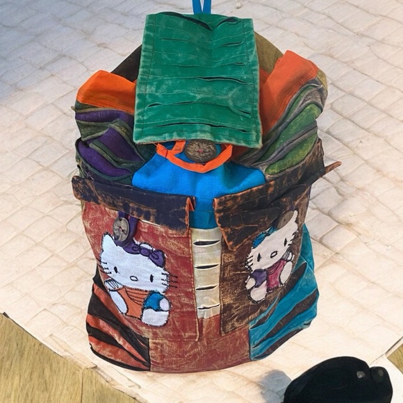 HELLO Kitty style burlap Kantha bohemian patchwork knapsack backpack Large - Picture 4 of 16